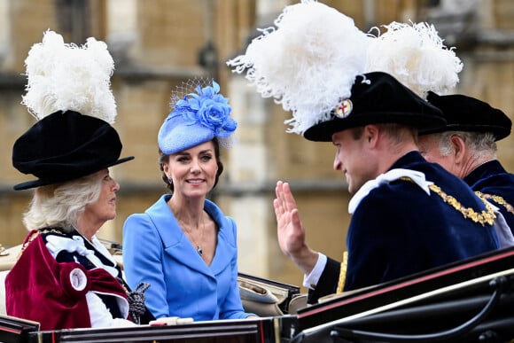 Camilla Parker Bowles, duchesse de Cornouailles, Catherine (Kate) Middleton, duchesse de Cambridge, Le prince William, duc de Cambridge, Le prince Charles, prince de Galles - Service annuel de l'Ordre de la jarretière à la chapelle Saint-Georges du château de Windsor, le 13 juin 2022. 