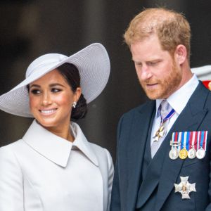 Le prince Harry et Meghan Markle lors du jubilé de platine (70 ans de règne) de la reine Elizabeth II d'Angleterre. Londres, le 3 juin 2022.