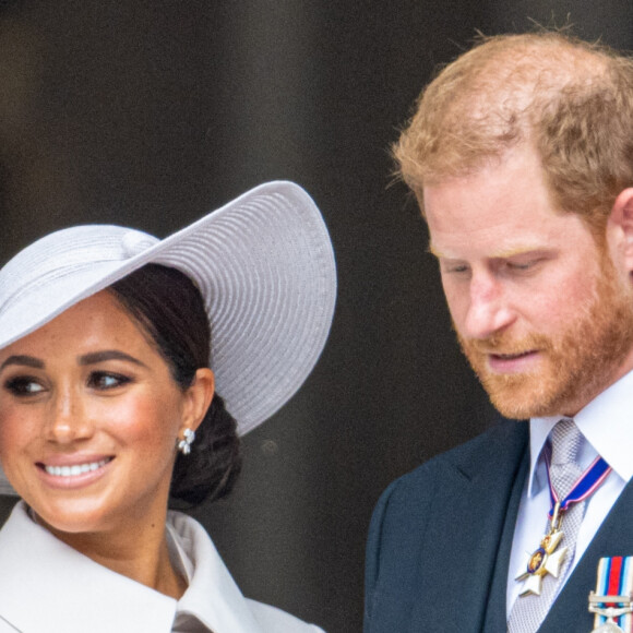 Le prince Harry et Meghan Markle lors du jubilé de platine (70 ans de règne) de la reine Elizabeth II d'Angleterre. Londres, le 3 juin 2022.