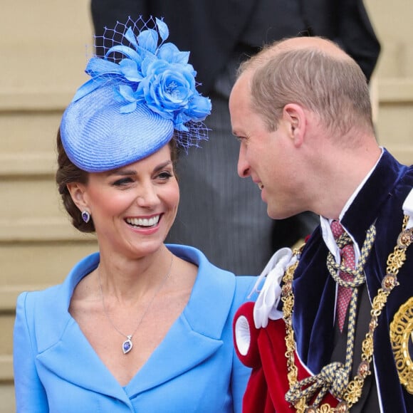 Le prince William, duc de Cambridge, et Catherine (Kate) Middleton, duchesse de Cambridge, lors du service annuel de l'Ordre de la jarretière à la chapelle Saint-Georges du château de Windsor, Royaume Uni, le 13 juin 2022. 