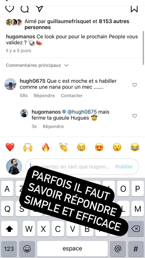 Hugo Manos répond à un internaute, story Instagram du 16 juin 2022.