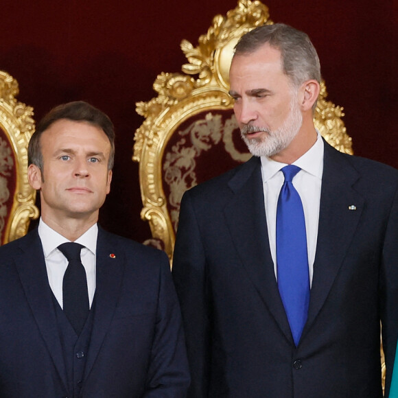 Le roi Felipe VI d'Espagne et la reine Letizia avec Emmanuel Macron (président de la République Française) et sa femme Brigitte - Dîner de gala du 32ème Sommet de l'OTAN au Palais royal de Madrid, le 28 juin 2022. 
