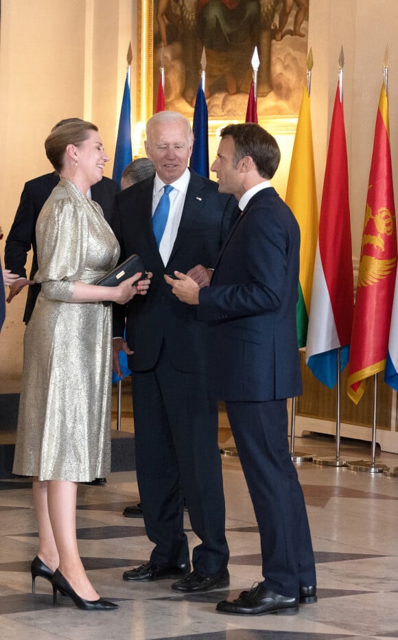 Joe Biden (président des Etats-Unis), Emmanuel Macron (président de la République Française), Mette Frederiksen (Premier ministre du Danemark) - Dîner de gala du 32ème Sommet de l'OTAN au Palais royal de Madrid, le 28 juin 2022. 