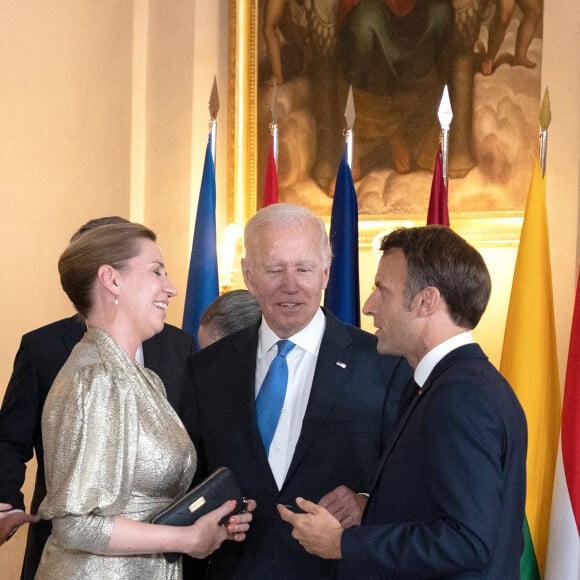 Joe Biden (président des Etats-Unis), Emmanuel Macron (président de la République Française), Mette Frederiksen (Premier ministre du Danemark) - Dîner de gala du 32ème Sommet de l'OTAN au Palais royal de Madrid, le 28 juin 2022. 