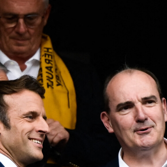 Emmanuel Macron - Jean Castex en tribune - Finale du Top 14 de rugby entre Montpellier et Castres (29-10) au Stade de France à Saint-Denis le 24 juin 2022.