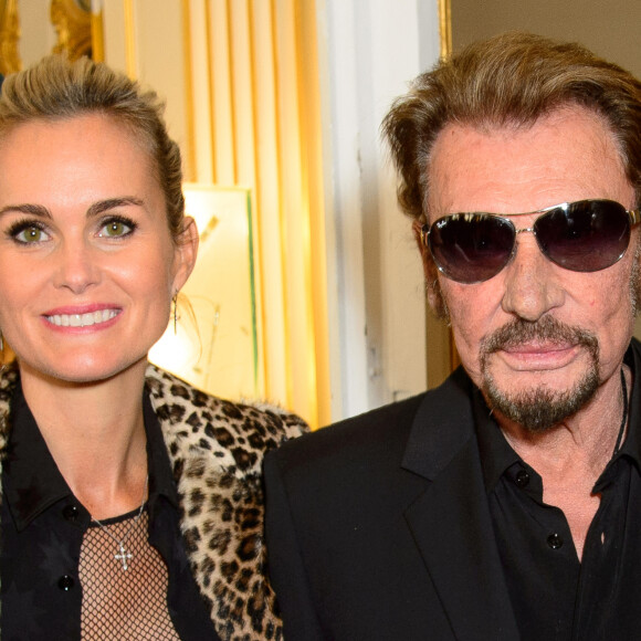 Johnny Hallyday et sa femme Laeticia - Remise de décoration de Commandeur de l'Ordre des Arts et des Lettres à Harvey Keitel au ministère de la culture à Paris. Le 13 octobre 2015 