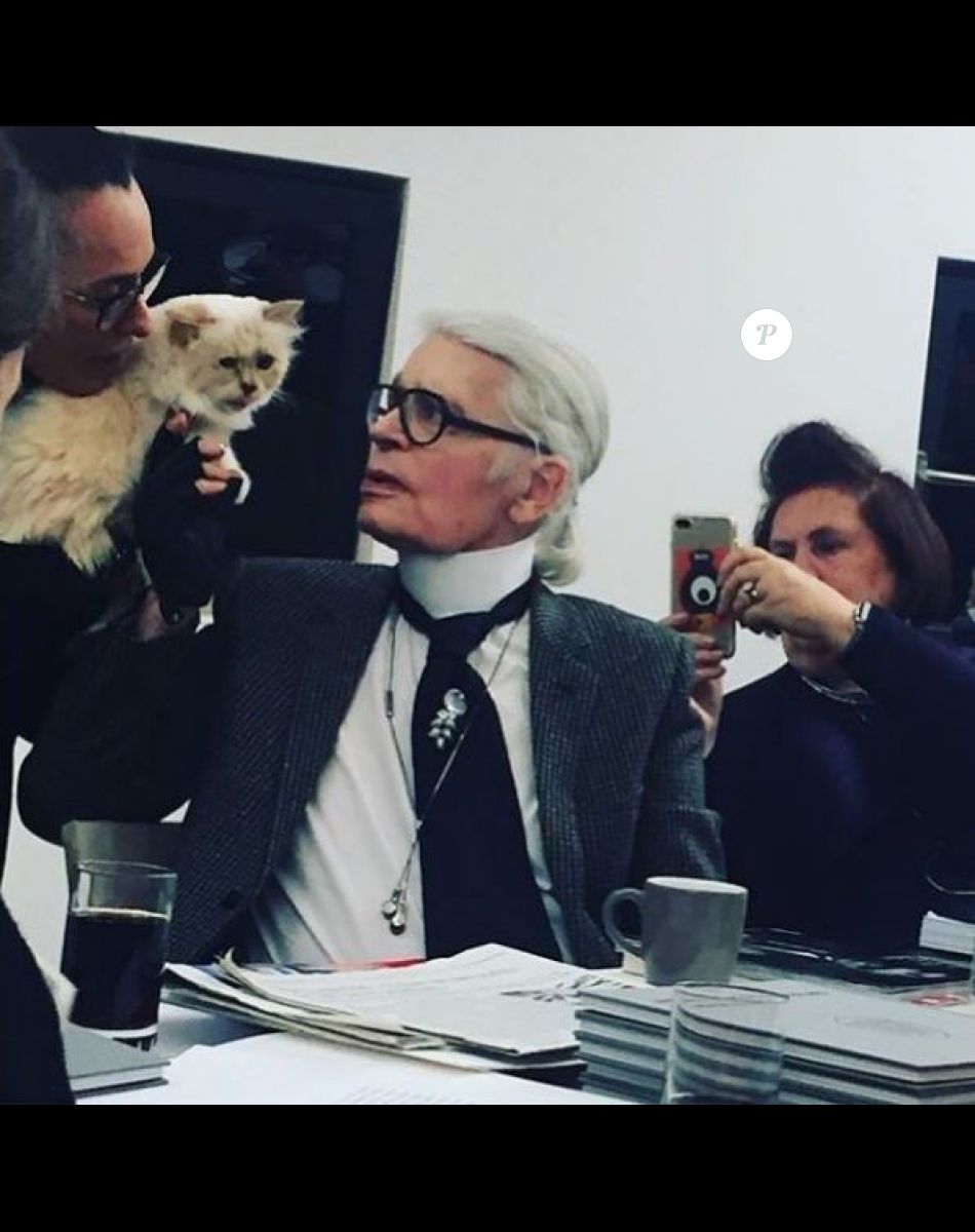 Karl Lagerfeld et sa chatte, Choupette, dans les bras de sa gouvernante Françoise.