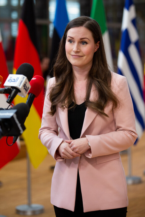 Sanna Marin, la Première ministre finlandaise arrive au Sommet européen à Bruxelles. Belgique, Bruxelles, 20 février 2020