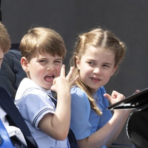 Le prince George de Cambridge, Le prince Louis de Cambridge, La princesse Charlotte de Cambridge - Les membres de la famille royale lors de la parade militaire "Trooping the Colour" dans le cadre de la célébration du jubilé de platine (70 ans de règne) de la reine Elizabeth II à Londres, le 2 juin 2022. 