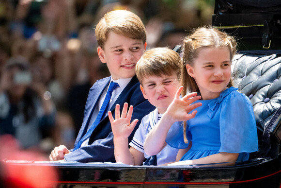 Le prince George de Cambridge, Le prince Louis de Cambridge, La princesse Charlotte de Cambridge - Les membres de la famille royale lors de la parade militaire "Trooping the Colour" dans le cadre de la célébration du jubilé de platine (70 ans de règne) de la reine Elizabeth II à Londres, le 2 juin 2022. 