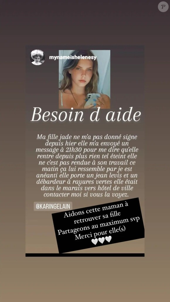 Karine Gélain a demandé de l'aide pour retrouver sa fille Jade, 18 ans.