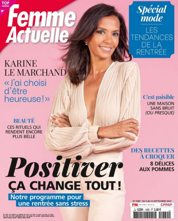 Karine Le Marchand fait la couverture du nouveau numéro de "Femme actuelle" (dans une tenue complète de CIPANGO) paru le 5 septembre 2022