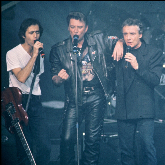 Jean-Jacques Goldman et Michel Sardou, Johnny Hallyday, Véronique Sanson et Eddy Mitchell - Tournée des Enfoirés en 1989