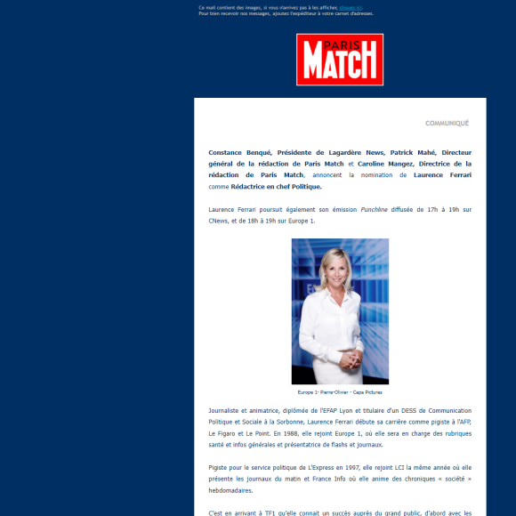 Communiqué de presse annonçant la nomination de Laurence Ferrari comme redactrice en chef politique de "Paris Match"