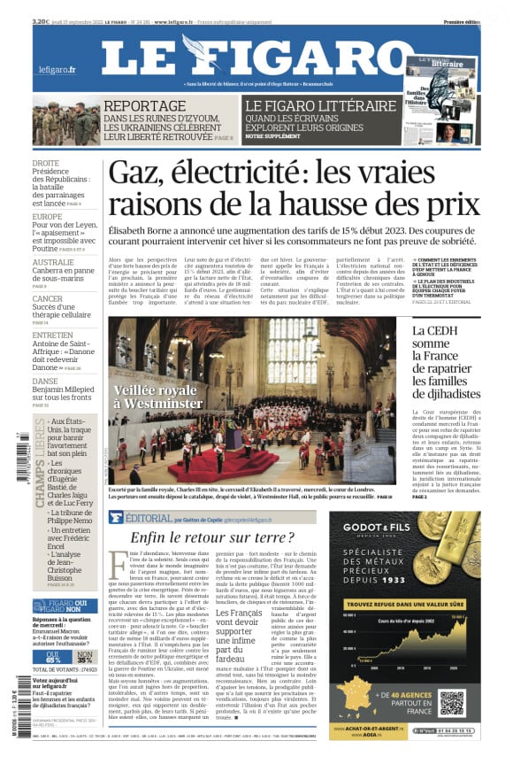 Une du quotidien "Le Figaro" du jeudi 15 septembre 2022