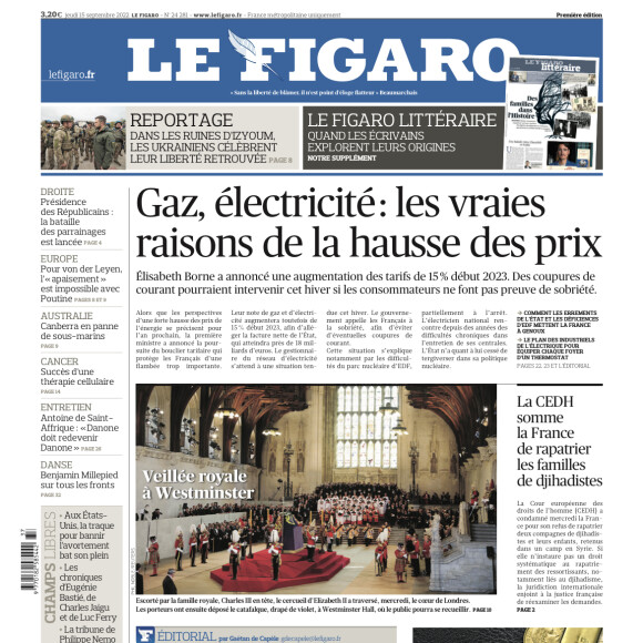 Une du quotidien "Le Figaro" du jeudi 15 septembre 2022