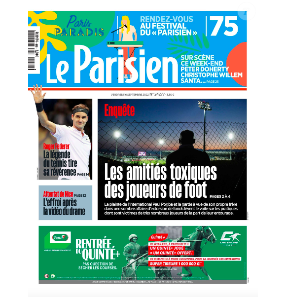 Une du quotidien "Le Parisien" du vendredi 16 septembre 2022