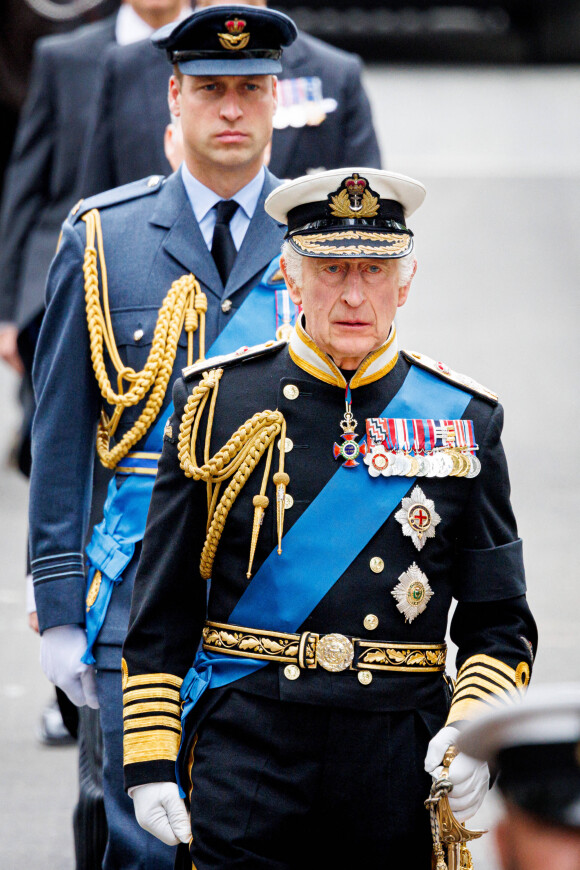 Le roi Charles III d'Angleterre, Le prince William, prince de Galles - Funérailles d'Etat de la reine Elizabeth II d'Angleterre, à Londres, Royaume Uni, le 19 septembnre 2022.