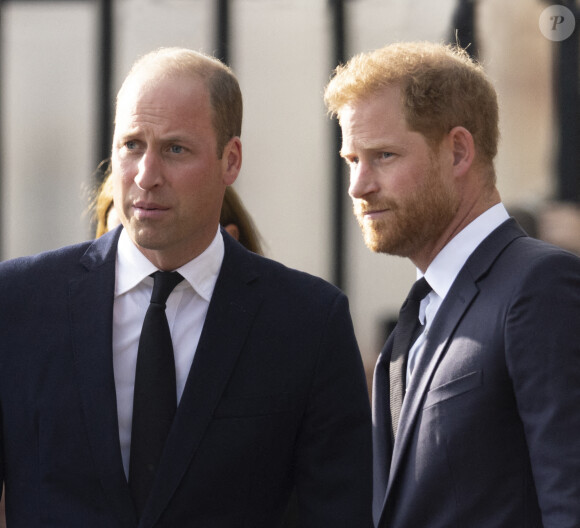 Le prince de Galles William, le prince Harry, duc de Sussex à la rencontre de la foule devant le château de Windsor, suite au décès de la reine Elisabeth II d'Angleterre. Le 10 septembre 2022 