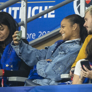 M. Pokora et sa femme Christina Milian - 5e et avant-dernière journée de la Ligue des nations entre la France et l'Autriche au Stade de France à Saint-Denis. Le 22 septembre 2022.