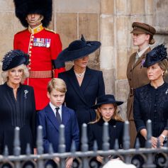 Meghan Markle, duchesse de Sussex, Camilla Parker Bowles, reine consort d'Angleterre, Le prince George de Galles,, La princesse Charlotte de Galles, la comtesse Sophie de Wessex, Catherine (Kate) Middleton, princesse de Galles - Funérailles d'Etat de la reine Elizabeth II d'Angleterre, à Londres, Royaume Uni, le 19 septembnre 2022. 