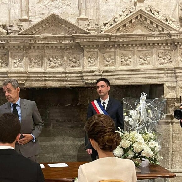 Mariage de Louis Sarkozy et Natali Husic à Gordes, en Provence le 24 septembre 2022, en présence du maire de Gordes, Richard Kitaeff et Nicolas Sarkozy.