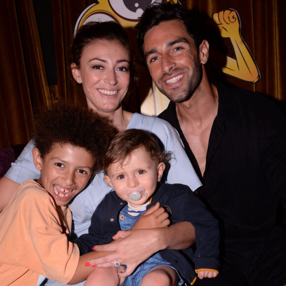 Rachel Legrain-Trapani (Miss France 2007), son compagnon Valentin Leonard et leurs fils Gianni et Andréa lors de la soirée de lancement de l'application Nanaba à l'hôtel Barrière Le Fouquet's de Paris, France, le 18 juin 2021. © Rachid Bellak/Bestimage