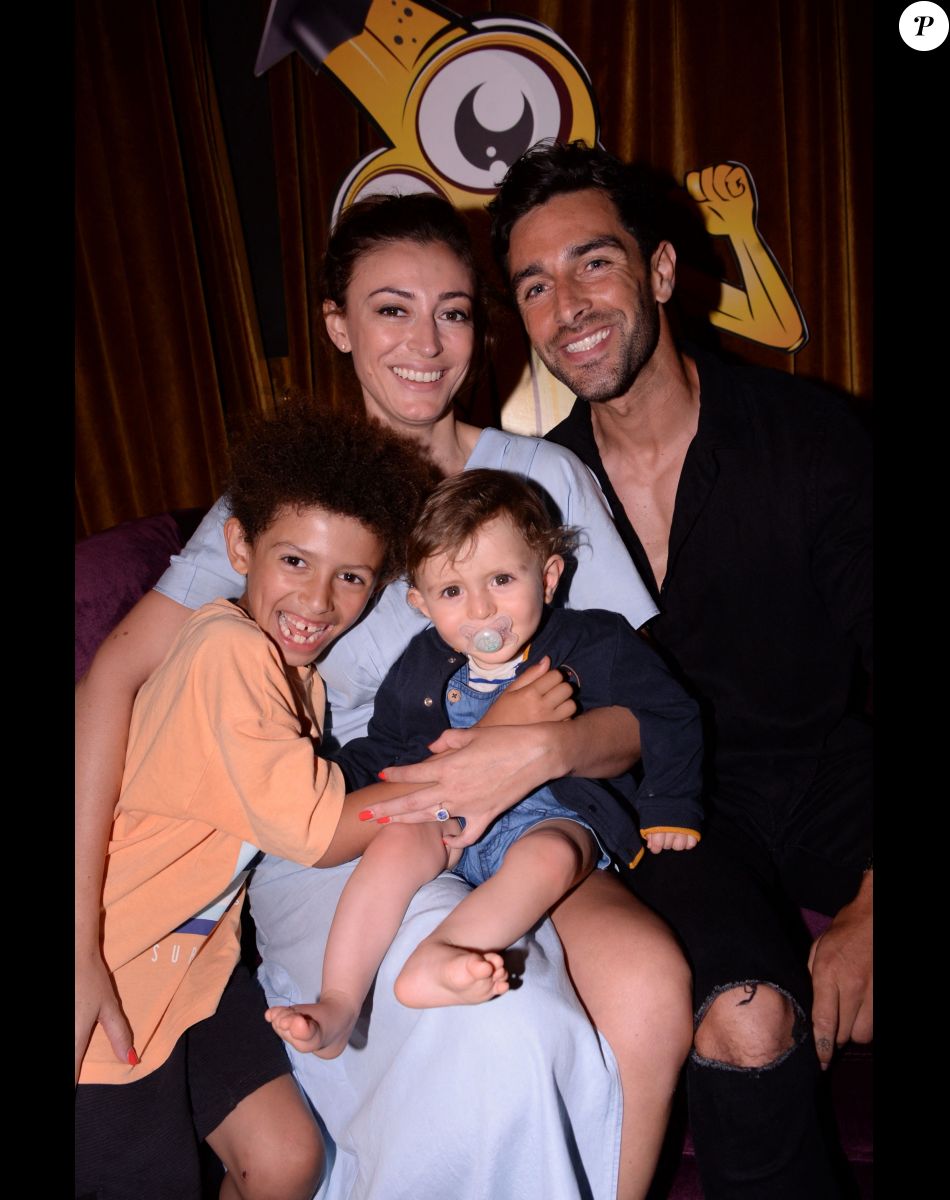 Rachel Legrain-Trapani (Miss France 2007), son compagnon Valentin Leonard et leurs fils Gianni et Andréa lors de la soirée de lancement de l'application Nanaba à l'hôtel Barrière Le Fouquet's de Paris, France, le 18 juin 2021. © Rachid Bellak/Bestimage