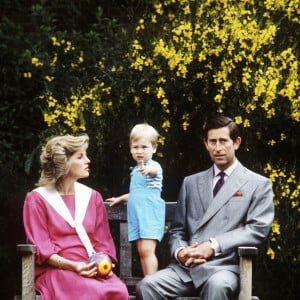 Le prince Charles, prince de Galles devenu le roi Charles III d'Angleterre et sa femme Lady Diana avec leur fils William en 1984.