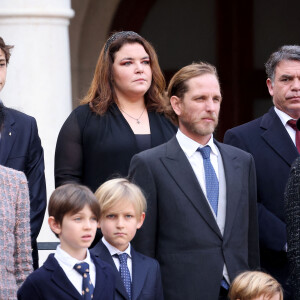 Raphaël Elmaleh, Sasha Casiraghi, Andrea Casiraghi - La famille princière de Monaco dans la cour du palais lors de la Fête Nationale de la principauté de Monaco le 19 novembre 2022. © Dominique Jacovides / Bruno Bebert / Bestimage