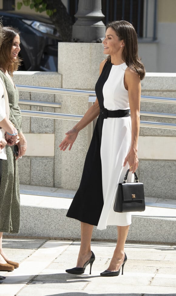 La reine Letizia d'Espagne lors de la remise des Prix Queen Letizia 2021 à l'Assemblée d'Estrémadure à Mérida, le 4 mai 2022. Lors de cette cérémonie, la professeure de droit civil à l'Université de Séville, Inmaculada Vivas a reçu une mention spéciale dans la catégorie "Recherche" pour sa carrière professionnelle dans le travail des personnes handicapées, ainsi que pour sa carrière universitaire et de recherche dans le domaine juridique. La reine et la lauréate portaient la même robe de la marque, Mango. L'objectif de ces prix est d'encourager la promotion des droits des personnes handicapées, l'inclusion sociale, l'égalité des chances, la réadaptation et la prévention des handicaps. La présentation a eu lieu lors de la réunion du Conseil du Conseil royal sur le handicap, qui célèbre cette année son 30e anniversaire. 