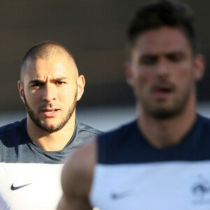 Olivier Giroud et Karim Benzema - Entraînement de l'équipe de France de football à Ribeirao Preto au Brésil.