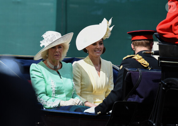 Catherine (Kate) Middleton, duchesse de Cambridge, Camilla Parker Bowles, duchesse de Cornouailles, le prince Harry, duc de Sussex - La parade Trooping the Colour 2019, célébrant le 93ème anniversaire de la reine Elisabeth II, au palais de Buckingham, londres, le 8 juin 2019. 
