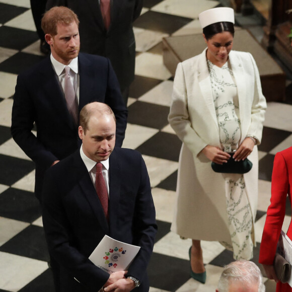 Le prince Harry, duc de Sussex, le prince William, duc de Cambridge, Meghan Markle, enceinte, duchesse de Sussex, Catherine Kate Middleton, duchesse de Cambridge lors de la messe en l'honneur de la journée du Commonwealth à l'abbaye de Westminster à Londres le 11 mars 2019. 