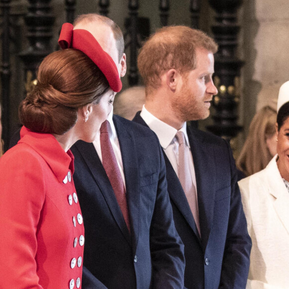 Catherine Kate Middleton, duchesse de Cambridge, le prince William, duc de Cambridge, le prince Harry, duc de Sussex, Meghan Markle, enceinte, duchesse de Sussex lors de la messe en l'honneur de la journée du Commonwealth à l'abbaye de Westminster à Londres le 11 mars 2019. 