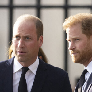 Le prince de Galles William, le prince Harry, duc de Sussex à la rencontre de la foule devant le château de Windsor, suite au décès de la reine Elisabeth II d'Angleterre. Le 10 septembre 2022 
