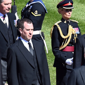 Sir Timothy Laurence, le prince Harry, duc de Sussex, Peter Phillips, le prince William, duc de Cambridge, le prince Andrew, duc d'York - Arrivées aux funérailles du prince Philip, duc d'Edimbourg à la chapelle Saint-Georges du château de Windsor, le 17 avril 2021. 