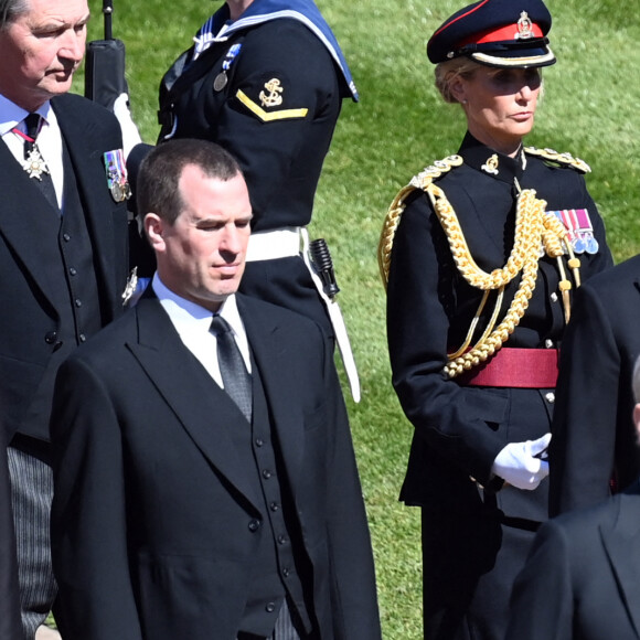 Sir Timothy Laurence, le prince Harry, duc de Sussex, Peter Phillips, le prince William, duc de Cambridge, le prince Andrew, duc d'York - Arrivées aux funérailles du prince Philip, duc d'Edimbourg à la chapelle Saint-Georges du château de Windsor, le 17 avril 2021. 