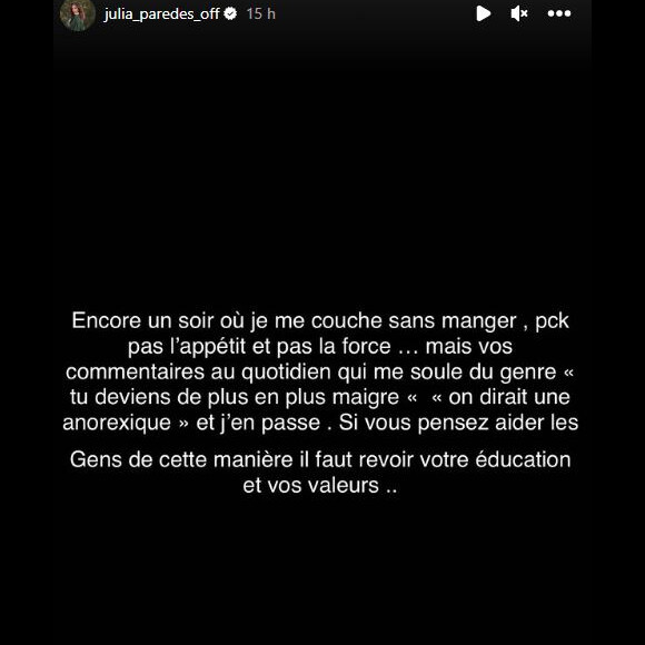 Julia Paredes pousse un coup de gueule sur Instagram, le 10 janvier 2023