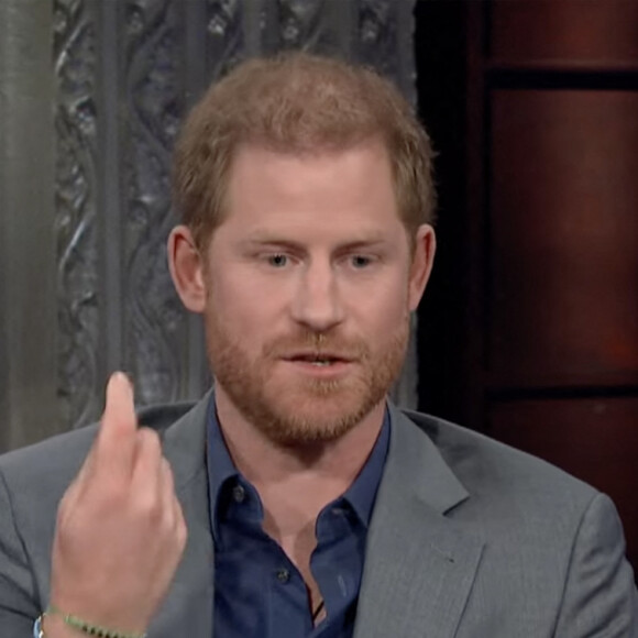 Le prince Harry sur le plateau de l'émission "The Late Show With Stephen Colbert" à New York, le 12 janvier 2023. © JLPPA/CBS/Bestimage 