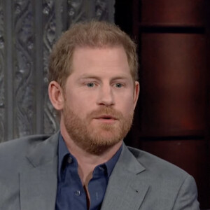 Le prince Harry sur le plateau de l'émission "The Late Show With Stephen Colbert" à New York, le 12 janvier 2023. © JLPPA/CBS/Bestimage 