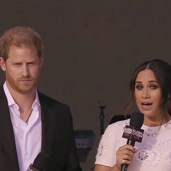 Capture d'écran de l'intervention du Prince Harry et sa femme Meghan Markle pendant le concert "Global Citizen Live" à New York City, New York, etats-Unis, le 26 septembre 2021. 