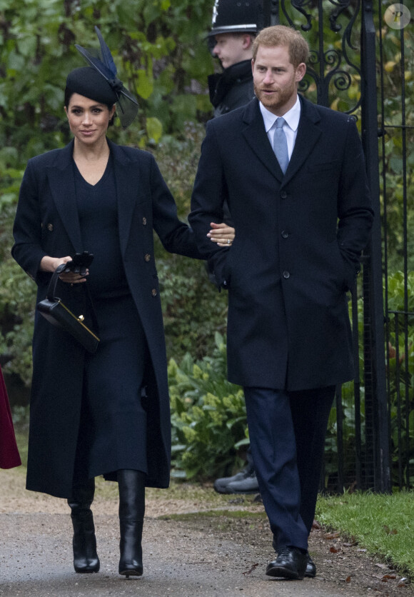Le prince Harry, duc de Sussex et sa femme Meghan Markle, la duchesse de Sussex enceinte - La famille royale britannique se rend à la messe de Noël à l'église Sainte-Marie-Madeleine à Sandringham, le 25 décembre 2018. 