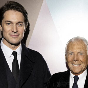 Lucas Bravo, Giorgio Armani, Mélanie Laurent - Personnalités dans les backstage du défilé de mode Haute-Couture "Giorgio Armani Privé" lors de la fashion week de Paris. Le 24 janvier 2023