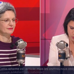 Echange tendu entre Apolline de Malherbe et Sandrine Rousseau dans "Face à face", sur BFMTV, le 7 février 2023