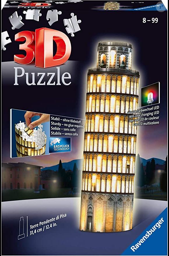 Votre enfant va découvrir le monument phare de l'Italie avec ce puzzle 3D Building Tour de Pise illuminée de Ravensburger