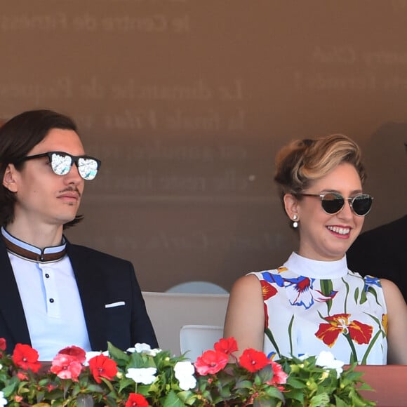 Jazmin Grace Grimaldi (la fille du prince Albert II de Monaco), son compagnon Ian Mellencamp, le prince Albert II de Monaco en tribune lors du Rolex Monte-Carlo Masters 2018 à Roquebrune Cap Martin le 19 avril 2018. © Bruno Bebert / Bestimage 