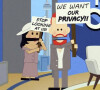 Et leur paradoxe est moqué grâce à des pancartes et à de fausses interviews.
Capture d'écran d'un épisode de South Park parodie Meghan Markle et le prince Harry dans le dernier épisode "The Worldwide Privacy Tour". © Comedy Central/JLPPA/Bestimage 