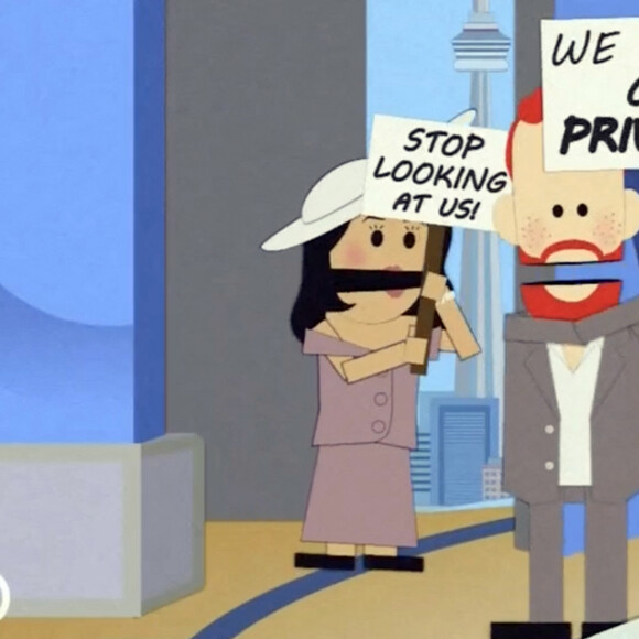 Et leur paradoxe est moqué grâce à des pancartes et à de fausses interviews.
Capture d'écran d'un épisode de South Park parodie Meghan Markle et le prince Harry dans le dernier épisode "The Worldwide Privacy Tour". © Comedy Central/JLPPA/Bestimage 