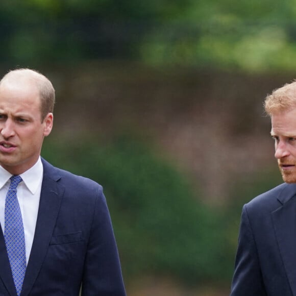 Le prince William, duc de Cambridge, et son frère Le prince Harry, duc de Sussex, se retrouvent à l'inauguration de la statue de leur mère, la princesse Diana dans les jardins de Kensington Palace à Londres, le 1er juillet 2021. Ce jour-là, la princesse Diana aurait fêté son 60 ème anniversaire. 